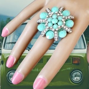 Vintage Aqua Bead and Clear Rhinestone Stretch Ring OS